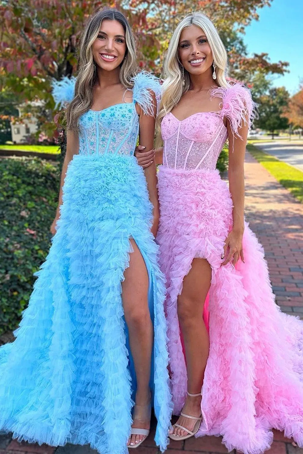 Wholesale Cute A-Line Feather Straps Long Ruffle Prom Dress With Split long prom dresses with sleeves